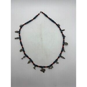 Vintage Western Style Charm Necklace Blue Red Black Beads Silver Tone Icons